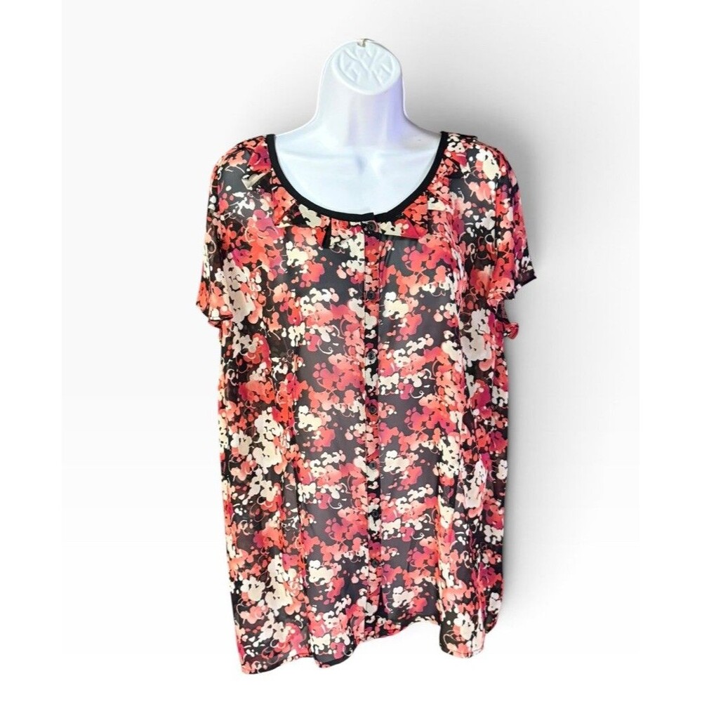 East 5th Woman 2X Blouse Plus Size Floral Sheer Button Front Short Sleeve Top